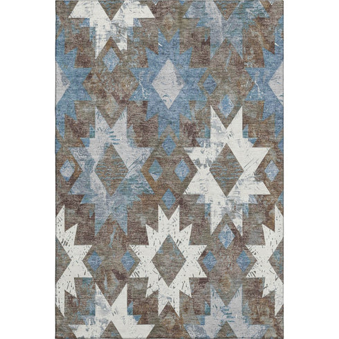 5' X 8' Brown Blue And Ivory Southwestern Washable Area Rug With UV Protection