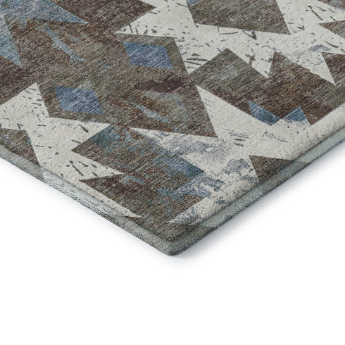 5' X 8' Brown Blue And Ivory Southwestern Washable Area Rug With UV Protection