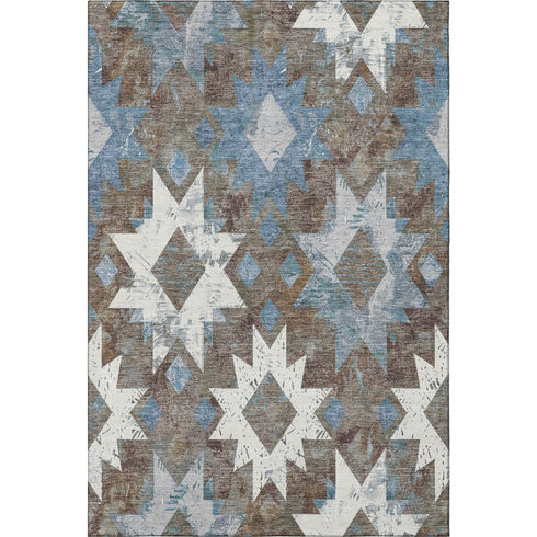 5' X 8' Brown Blue And Ivory Southwestern Washable Area Rug With UV Protection