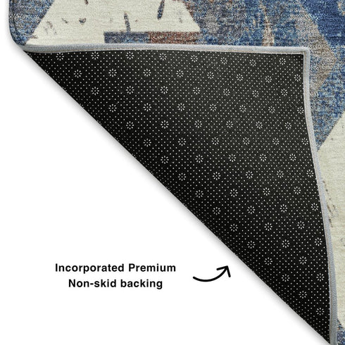 5' X 8' Blue Brown And Ivory Southwestern Washable Area Rug With UV Protection