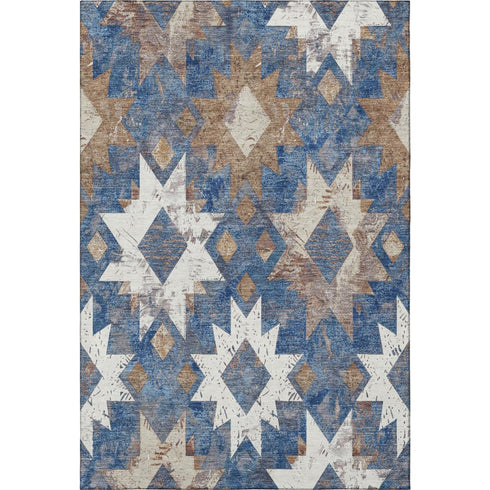 5' X 8' Blue Brown And Ivory Southwestern Washable Area Rug With UV Protection
