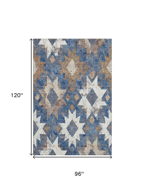 8' X 10' Blue Brown And Ivory Southwestern Washable Area Rug With UV Protection