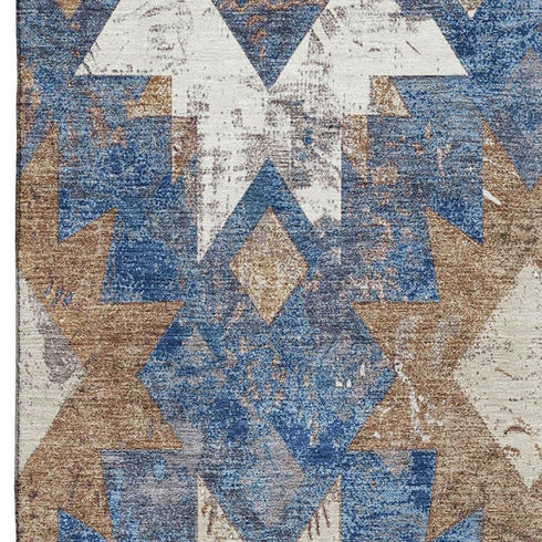8' X 10' Blue Brown And Ivory Southwestern Washable Area Rug With UV Protection