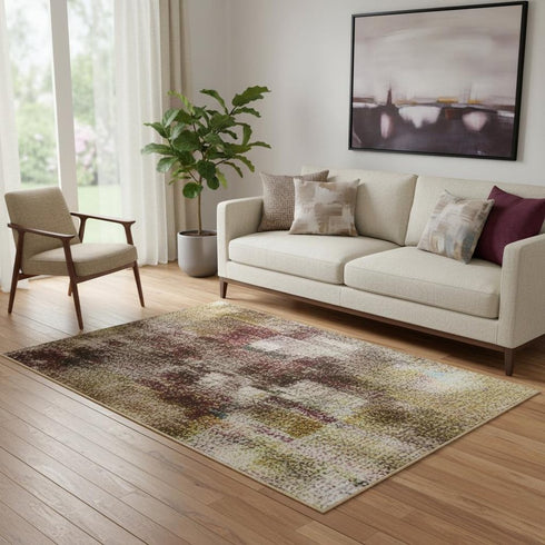 5' X 8' Blush Gold And Ivory Abstract Washable Area Rug With UV Protection