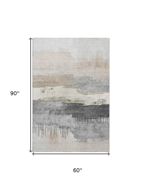 5' X 8' Ivory Gray And Beige Abstract Washable Area Rug With UV Protection