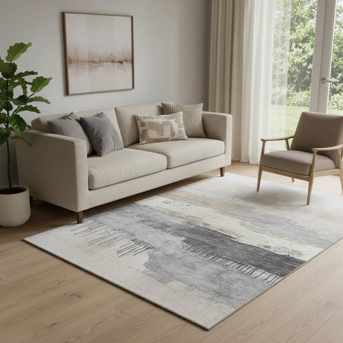 5' X 8' Ivory Gray And Beige Abstract Washable Area Rug With UV Protection