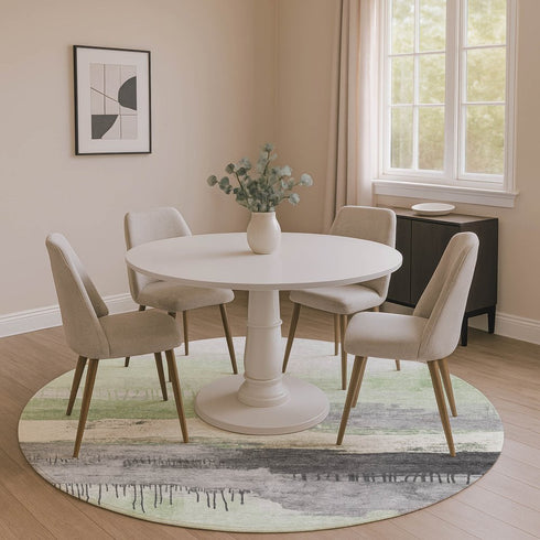 8' Mint Green Ivory And Gray Abstract Washable Round Rug With UV Protection