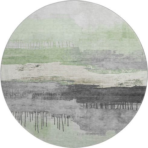 8' Mint Green Ivory And Gray Abstract Washable Round Rug With UV Protection
