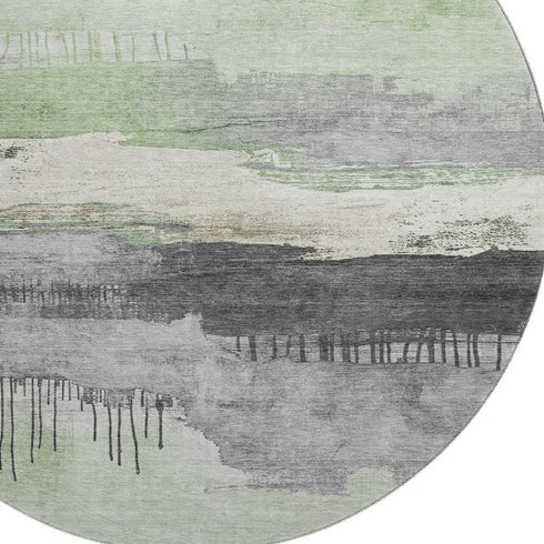 8' Mint Green Ivory And Gray Abstract Washable Round Rug With UV Protection