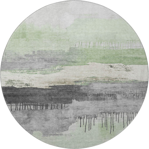 8' Mint Green Ivory And Gray Abstract Washable Round Rug With UV Protection