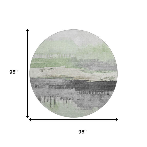 8' Mint Green Ivory And Gray Abstract Washable Round Rug With UV Protection
