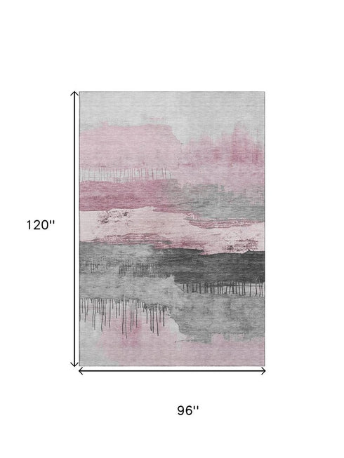 8' X 10' Pink Gray And Ivory Abstract Washable Area Rug With UV Protection