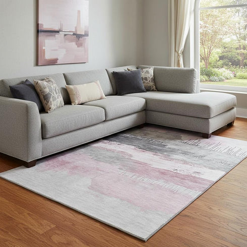 8' X 10' Pink Gray And Ivory Abstract Washable Area Rug With UV Protection