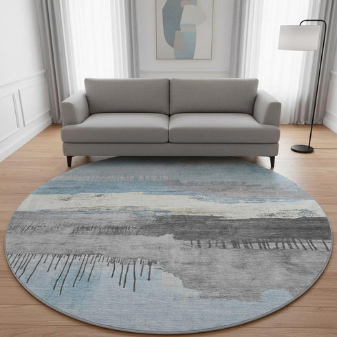 8' Sky Blue Gray And Ivory Abstract Washable Round Rug With UV Protection