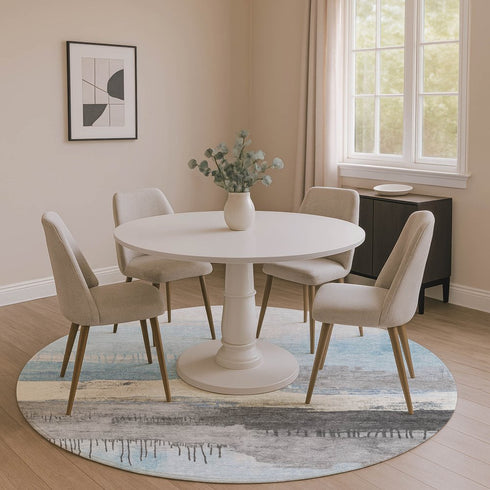 8' Sky Blue Gray And Ivory Abstract Washable Round Rug With UV Protection