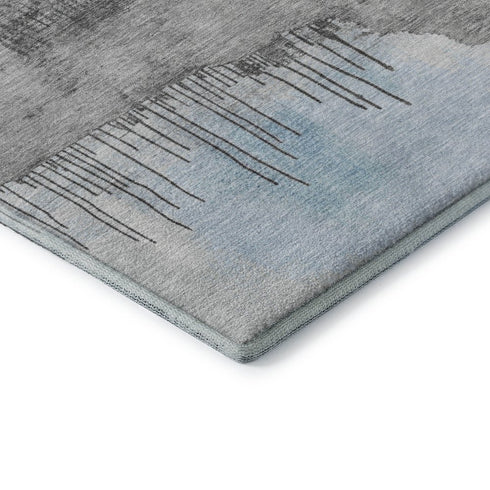 8' Sky Blue Gray And Ivory Abstract Washable Round Rug With UV Protection