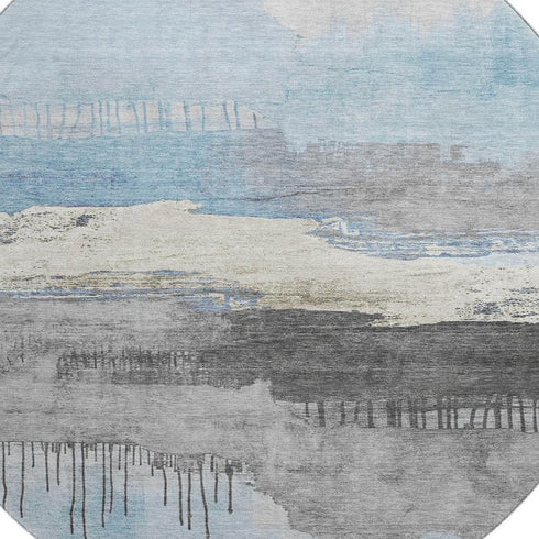 8' Sky Blue Gray And Ivory Abstract Washable Round Rug With UV Protection