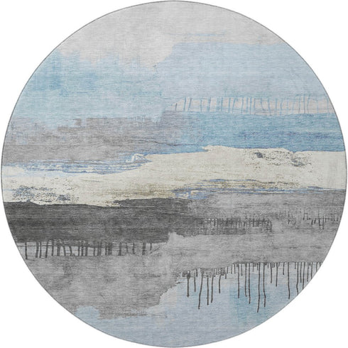 8' Sky Blue Gray And Ivory Abstract Washable Round Rug With UV Protection
