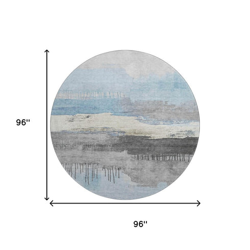 8' Sky Blue Gray And Ivory Abstract Washable Round Rug With UV Protection