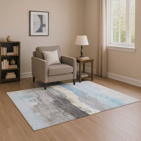 9' X 12' Sky Blue Gray And Ivory Abstract Washable Area Rug With UV Protection