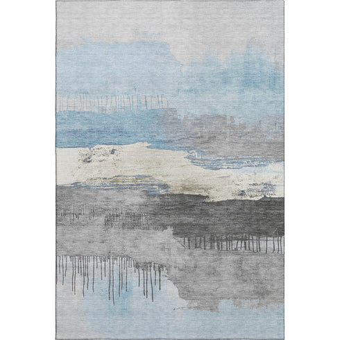 9' X 12' Sky Blue Gray And Ivory Abstract Washable Area Rug With UV Protection