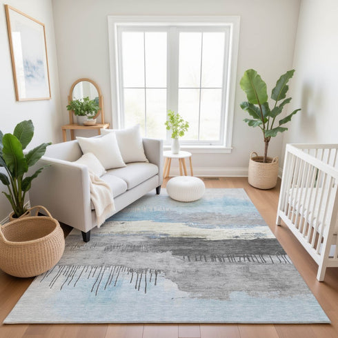 9' X 12' Sky Blue Gray And Ivory Abstract Washable Area Rug With UV Protection