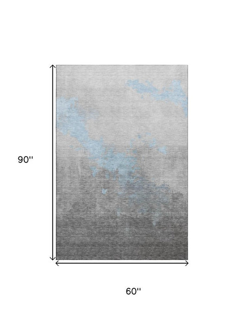 5' X 8' Blue And Gray Abstract Washable Area Rug With UV Protection