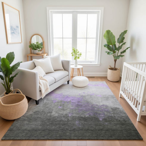 9' X 12' Lavender And Gray Abstract Washable Area Rug With UV Protection