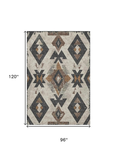 8' X 10' Beige And Charcoal Southwestern Washable Area Rug With UV Protection