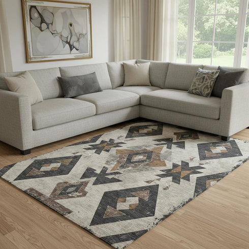 8' X 10' Beige And Charcoal Southwestern Washable Area Rug With UV Protection