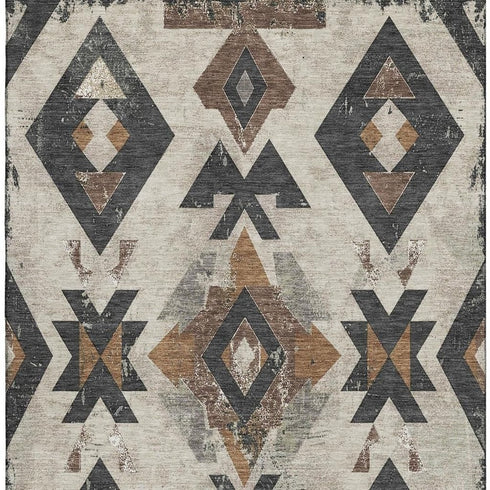 8' X 10' Beige And Charcoal Southwestern Washable Area Rug With UV Protection