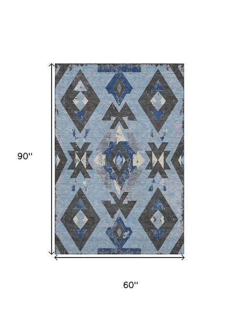 5' X 8' Blue Charcoal And Ivory Southwestern Washable Area Rug With UV Protection