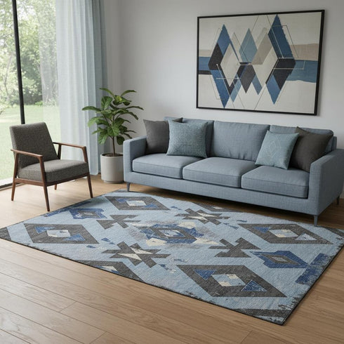 5' X 8' Blue Charcoal And Ivory Southwestern Washable Area Rug With UV Protection