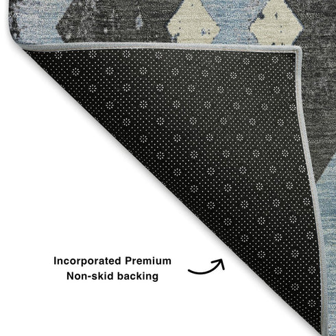 5' X 8' Blue Charcoal And Ivory Southwestern Washable Area Rug With UV Protection