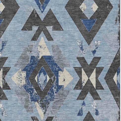 5' X 8' Blue Charcoal And Ivory Southwestern Washable Area Rug With UV Protection