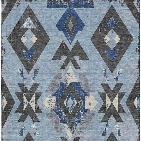 5' X 8' Blue Charcoal And Ivory Southwestern Washable Area Rug With UV Protection