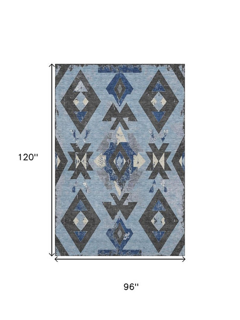 8' X 10' Blue Charcoal And Ivory Southwestern Washable Area Rug With UV Protection