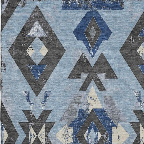 8' X 10' Blue Charcoal And Ivory Southwestern Washable Area Rug With UV Protection