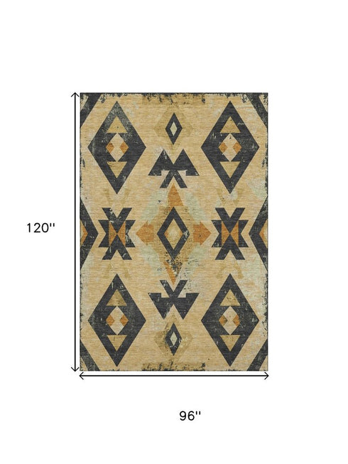 8' X 10' Gold And Charcoal Southwestern Washable Area Rug With UV Protection