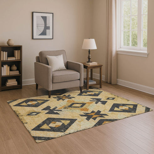 8' X 10' Gold And Charcoal Southwestern Washable Area Rug With UV Protection