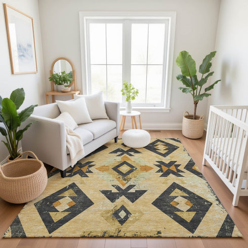8' X 10' Gold And Charcoal Southwestern Washable Area Rug With UV Protection