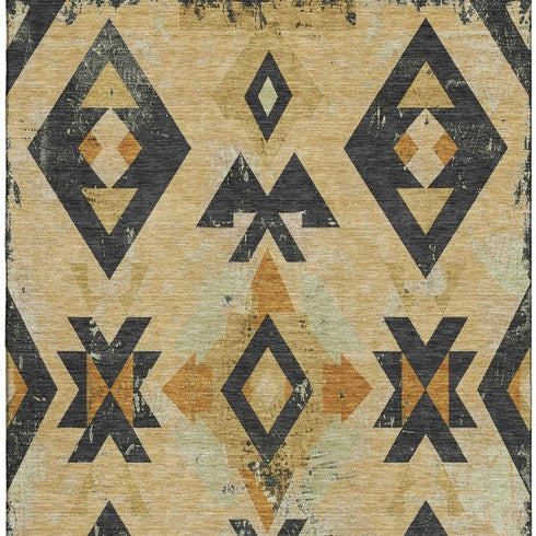 8' X 10' Gold And Charcoal Southwestern Washable Area Rug With UV Protection