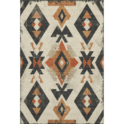 5' X 8' Ivory Orange And Charcoal Southwestern Washable Area Rug With UV Protection