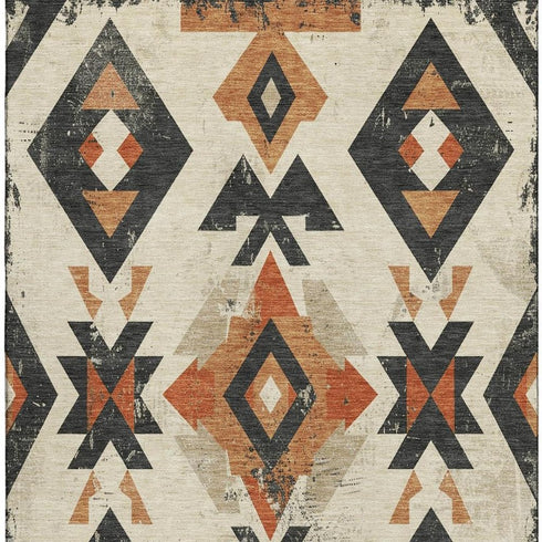 5' X 8' Ivory Orange And Charcoal Southwestern Washable Area Rug With UV Protection