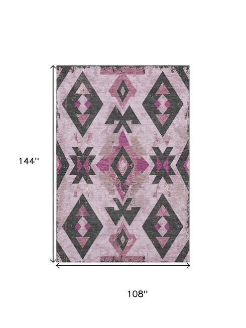 9' X 12' Pink And Charcoal Southwestern Washable Area Rug With UV Protection