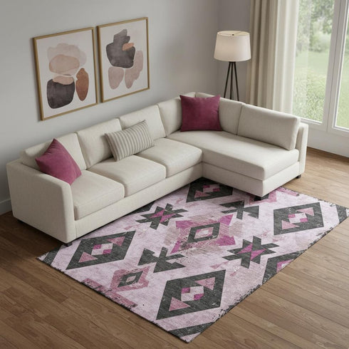 9' X 12' Pink And Charcoal Southwestern Washable Area Rug With UV Protection