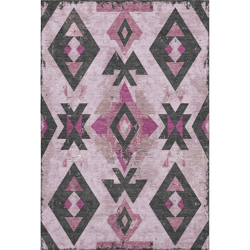 9' X 12' Pink And Charcoal Southwestern Washable Area Rug With UV Protection
