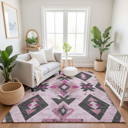 9' X 12' Pink And Charcoal Southwestern Washable Area Rug With UV Protection