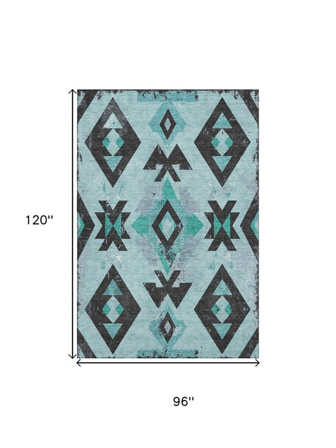 8' X 10' Teal And Charcoal Southwestern Washable Area Rug With UV Protection