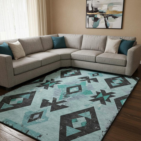 8' X 10' Teal And Charcoal Southwestern Washable Area Rug With UV Protection